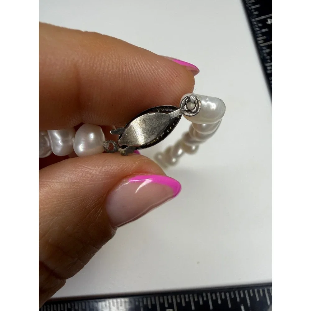 White Freshwater Cultured Pearl Bracelet Baroque Silver Tone Filigree Clasp